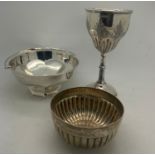 Silver bowl with swing handle, Birmingham 1915, silver goblet Sheffield 1897 and commemorative bowl,