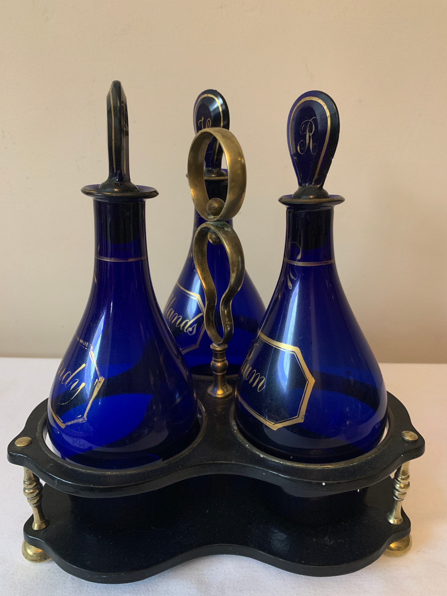 Three early 19thC Bristol Blue bottle decanters on paper mache and brass stand. Comprises of - Image 3 of 8