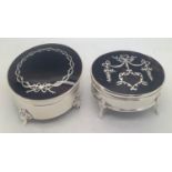 Two silver and tortoiseshell piqué jewellery boxes, oval box, Birmingham 1912 and round box