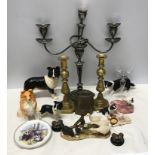 A mixed selection to include silver plated candelabra, brass candle sticks 27cms h, cowbell, pottery