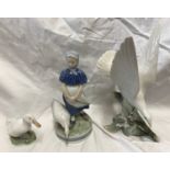 Two Royal Copenhagen figures, Girl in Clogs 24cms h and Goose 10cms together with a Lladro