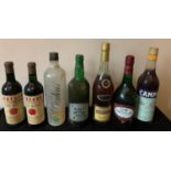 Seven various bottes to include Campari, Cognac, Croft Particular Sherry, Dow's port, Branco,