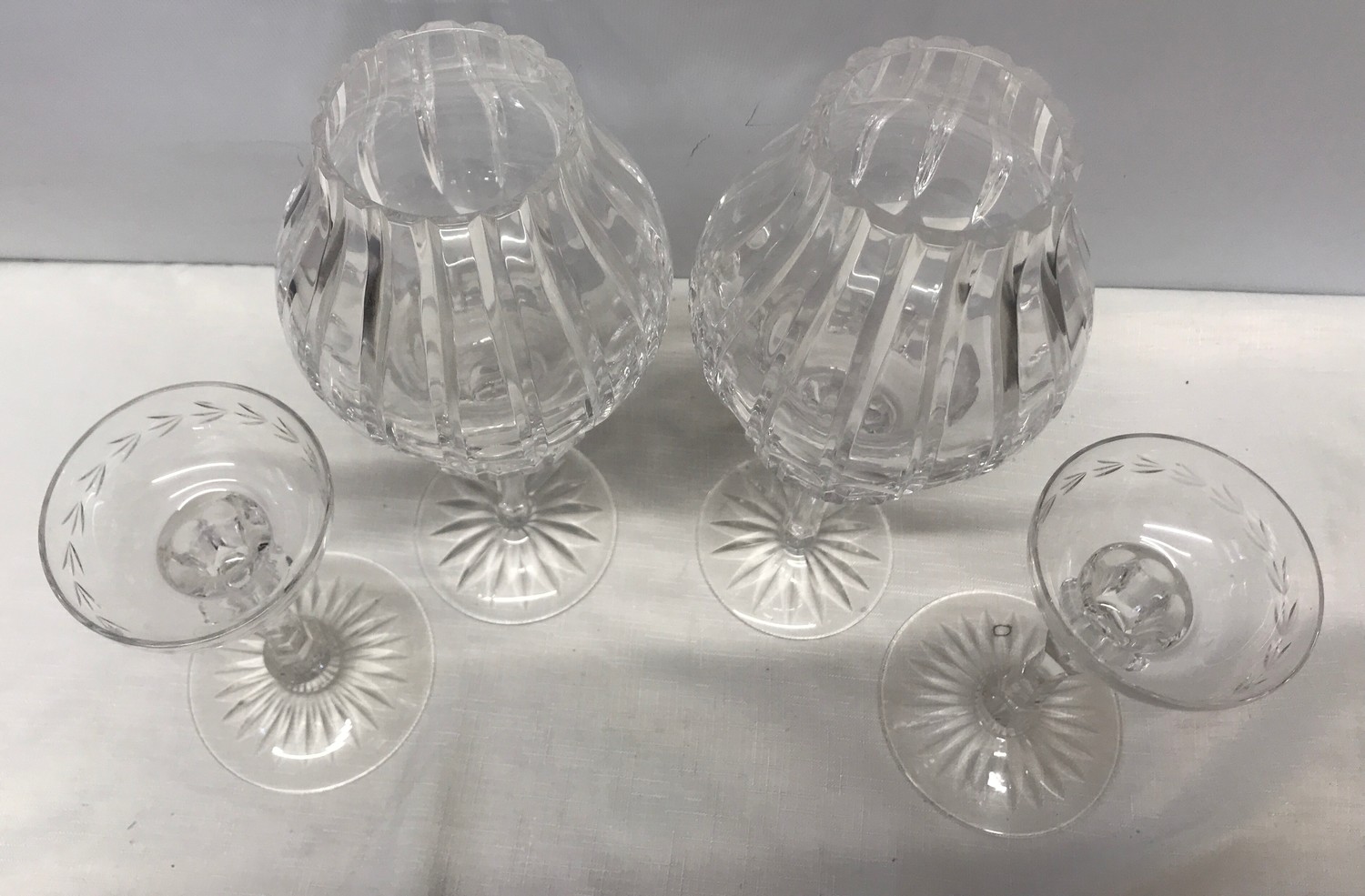 Two pairs of cut glass candlesticks, one pair with shades, 31cms h, small pair 20cms h.Condition - Image 2 of 3