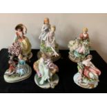 Six Capodimonte porcelain figurines, one with brass base unmarked.Condition ReportThe smallest one