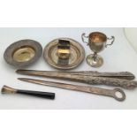 Miscellaneous silver to include cup, match box holder, cigarette holder, skewer, 1972 dish and clove