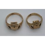 Two 9 ct gold Claddah rings. 5.4gms total weight. Size K and H.Condition ReportGood condition.