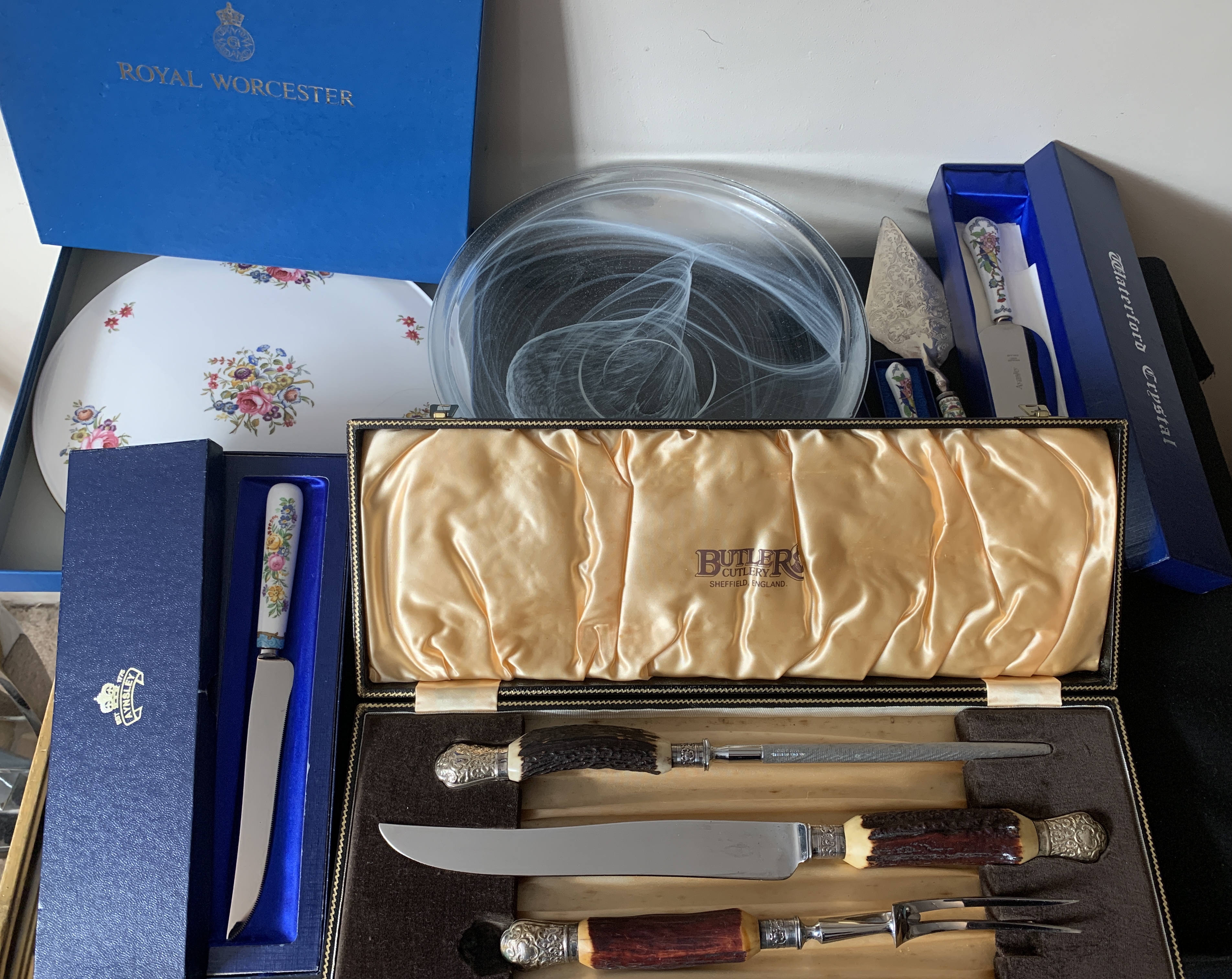 A miscellany to include a boxed Royal Worcester cake plate, a Butler Cutlery carving set, an Aynsley