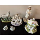 Ceramics to include 19thC Staffordshire zebra, two small dogs, 'The Umbrella House' by Coalport