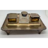 Silver inkstand, London 1904. CS Harris & Sons Ltd cut glass central inkwell with silver top. 587gms