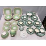 Two part tea sets. Copeland Grosvenor China green and gilt comprising 2 cake plates 24cms, 12 side