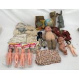 A selection of plastic and soft toys including Chad Valley tin globe, plush fur teddy 25cms, Rabbit,