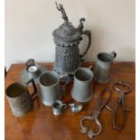 A quantity of Pewter and other metal ware to include Georgian sugar nips, WMF decorative lidded