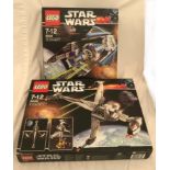 A collection of Lego Star Wars. Set number 6206 TIE Interceptor and 6208 B-Wing Fighter with boxes.