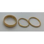 Three 22ct gold wedding bands. 8.5gms total weight. One size Q, one size N/O.Condition ReportOne