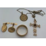 Nine carat cufflinks, wedding band size V hallmarked W.G and S. 375, 1990, pendant and crucifix set