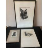 Two Cecil Aldin dog prints and a Terrier print signed Meyer Eberhardt in pencil. 24.5 x 19cms.