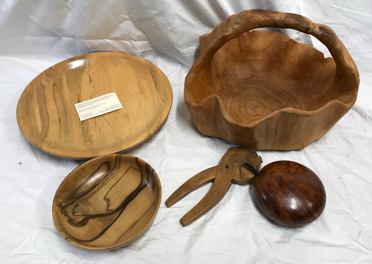 A Tasmanian Sassafras wood fruit bowl 32cms w, small bowl 17cms, lidded wooden bowl 12cms , carved