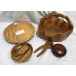 A Tasmanian Sassafras wood fruit bowl 32cms w, small bowl 17cms, lidded wooden bowl 12cms , carved