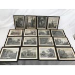 A collection of 16 ebonised framed engraving prints of castles, churches, priories and abbeys. Frame