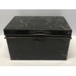 A black metal deed box with handles to side with lock. 47cms l x 32cms w x 28cms h.