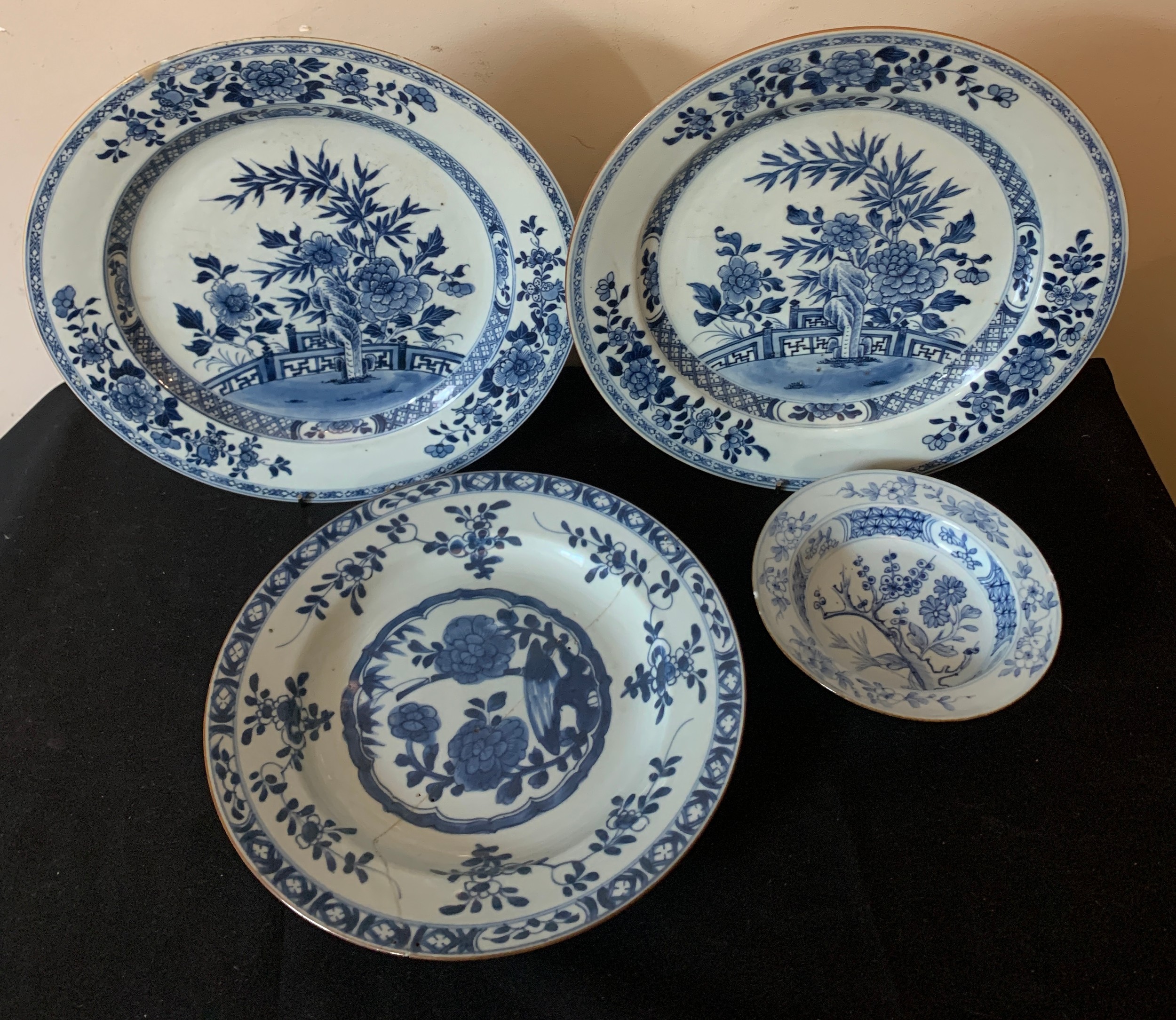 Three 18thC Chinese blue and white plates, largest 31.5cms together with a bowl.Condition