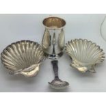 Silver to include two shell dishes, tankard and caddy spoon, shell dish London 1894, shell dish