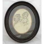 E Maison Kurt print in modern oval frame of Mother and Child, frame size 60 h x 50cms w.Condition