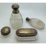 Silver topped jars and scent bottles to inc. B'ham 1890 maker Hilliard and Thomason, London 1919 and