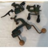 Three green painted cast iron and brass shotgun cartridge vice re loaders, lever action, one W