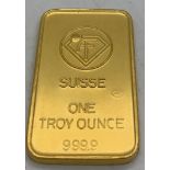 A Suisse one troy ounce gold ingot. 999.9.Condition ReportGood condition.