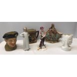 A pottery selection to include Royal Doulton "Montgomery" toby16cms, Oliver Twist jug 15cms,