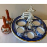 A Copeland Willow pattern breakfast set and a pair of oriental vases 15cms h.Condition