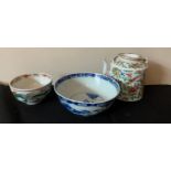 Three 19thC Chinese items to include famille rose teapot and bowl and a blue and white bowl. Blue
