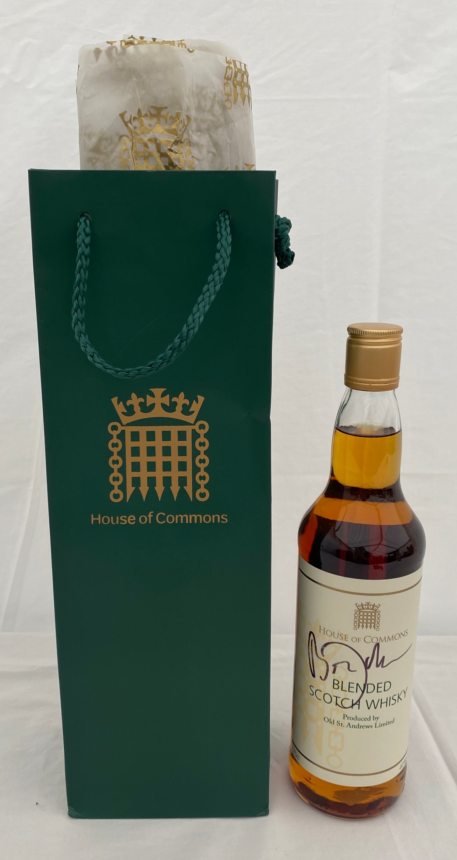 A House of Commons blended Scotch Whisky 70cl signed by Boris Johnson PM in a presentation green