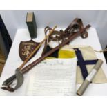 A WWII military officers George VI sword with leather knot and scabbard, leather belt and straps,