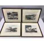 A set of four framed coloured engraving prints of humorous fishing scenes published by Thos