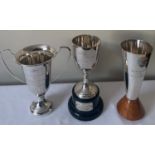 Three various hallmarked silver cups to include Scarborough cup 1960, 20cms h, British caravan