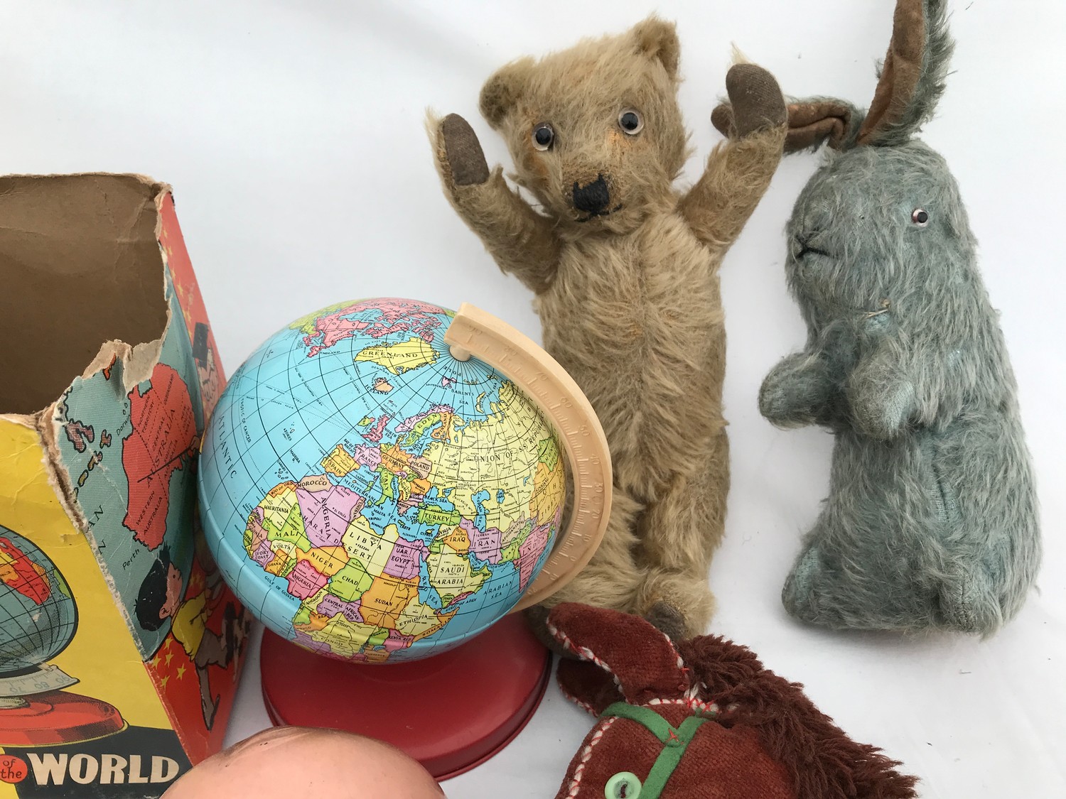 A selection of plastic and soft toys including Chad Valley tin globe, plush fur teddy 25cms, Rabbit, - Image 7 of 8