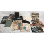 WWII RAF cap with badge, parachute silk large underskirt, personal items relating to service in RAR,