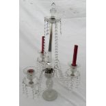 Tall cut glass three branch candelabra with glass droplets. Approx 62cms h.Condition ReportVery good