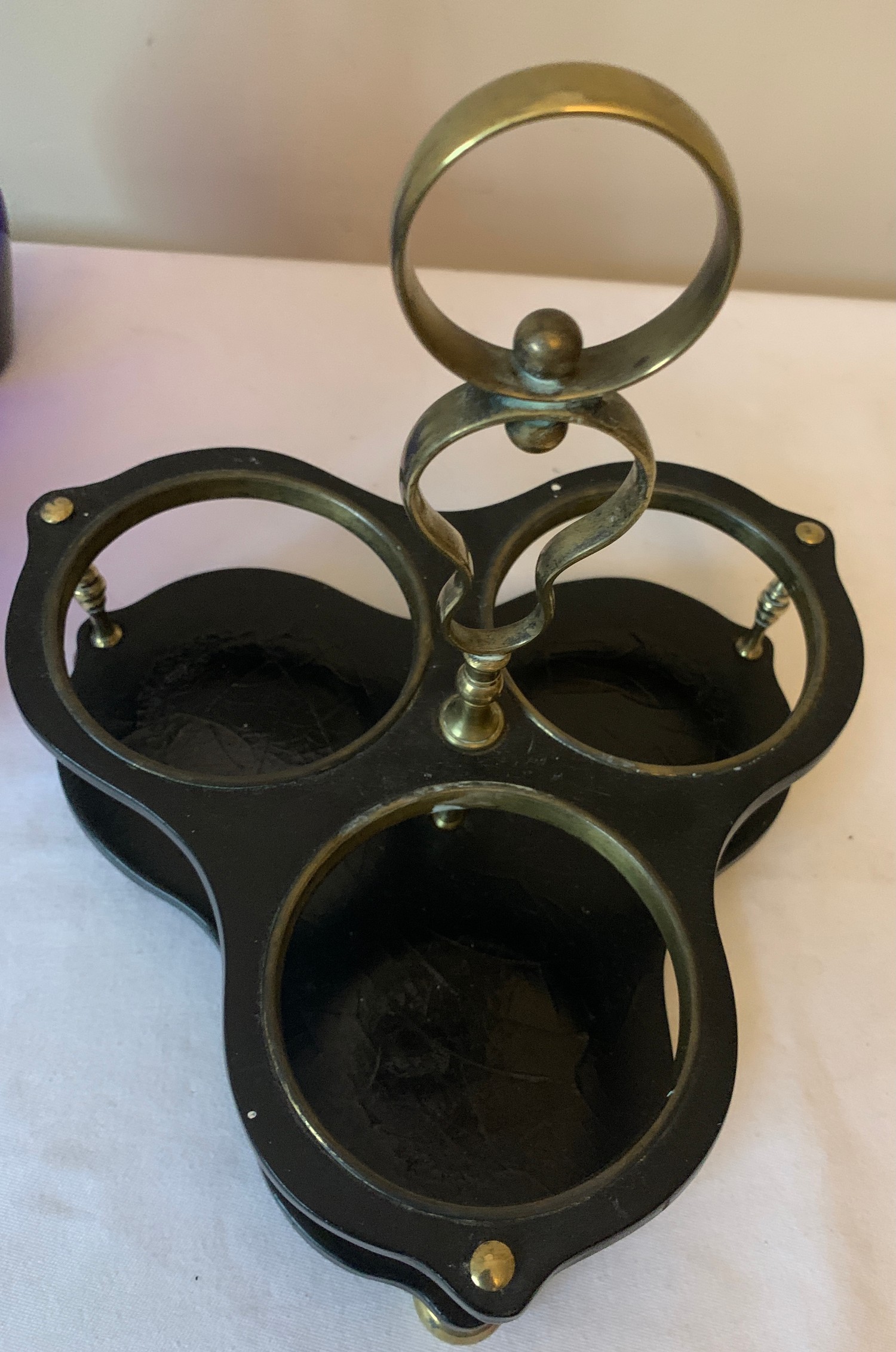 Three early 19thC Bristol Blue bottle decanters on paper mache and brass stand. Comprises of - Image 4 of 8