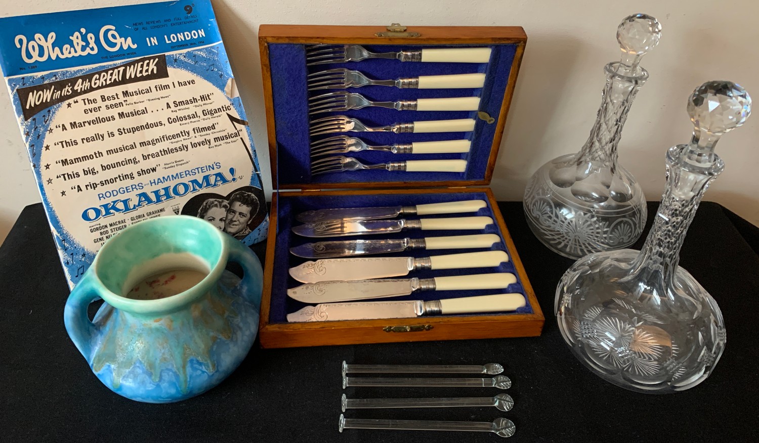 Miscellany including 2 glass decanters, boxed fish knives & forks, glass sugar crushers, 'Whats on
