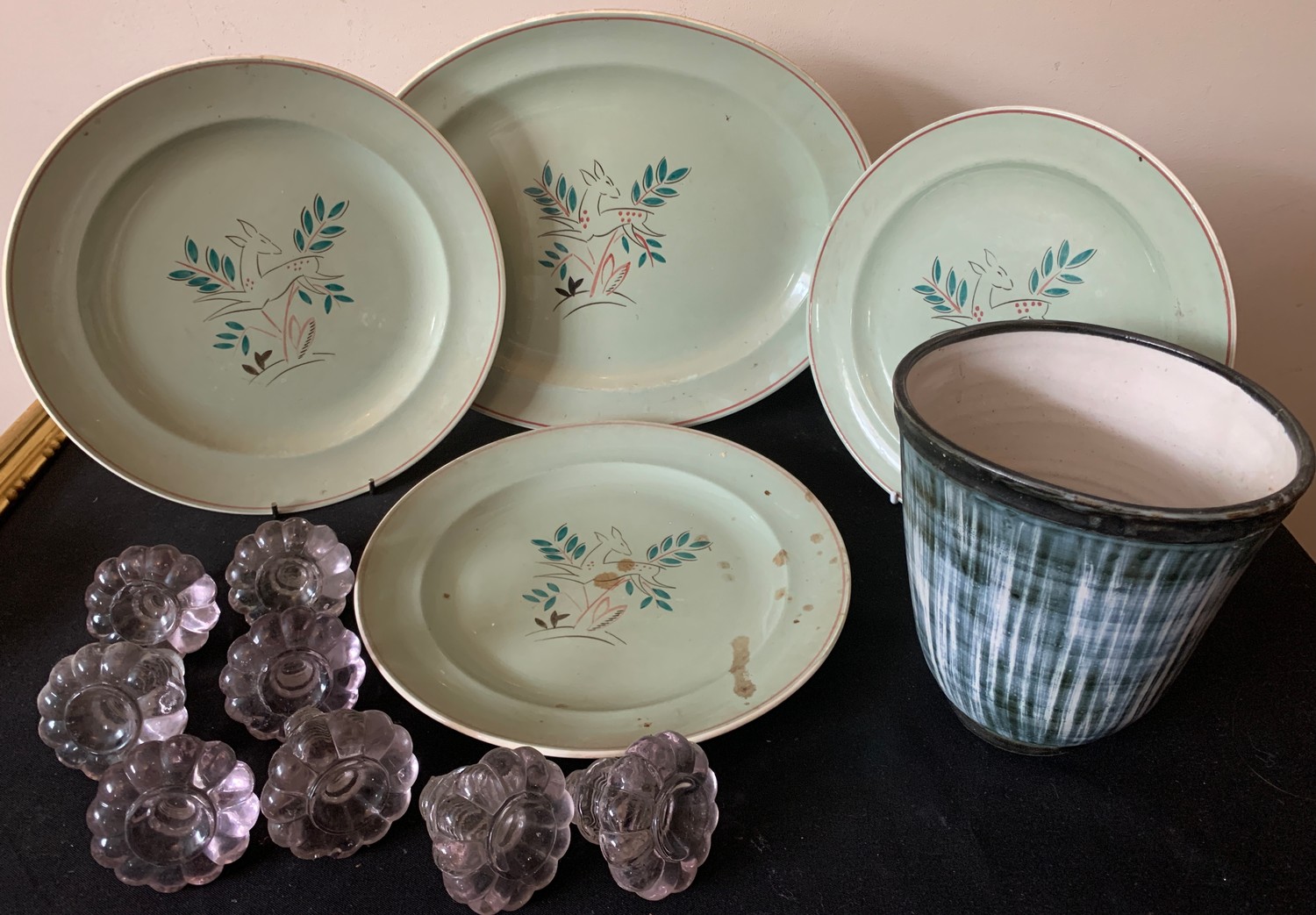 Four Poole pottery plates, 8 glass knobs and a Rye pottery plant pot.Condition ReportOne plate - Image 3 of 4