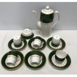 A Spode green Velvet pattern coffee set. Incudes coffee pot, sugar bowl, 6 cups, 6 saucers.Condition