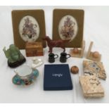 A miscellany comprising a green jade buddha 9cms h, wooden money box, Beswick Red Setter 14cms h,