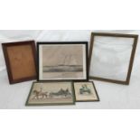 Three early Victorian prints and frames. A Schooner yacht c.185244 x 35cms, a signed print "A Trip