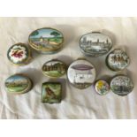 A collection of pill/patch boxes: one Bilston, one Limoges, one Royal Worcester, one musical Halcyon