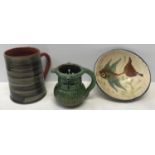 Branham pottery Barum Devon puzzle jug with verse 9.5cms h, Wold Pottery mug 13cms h and a studio