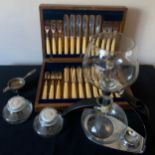 A vintage Cona size C coffee machine, boxed fish servers and a plated tea strainer.Condition