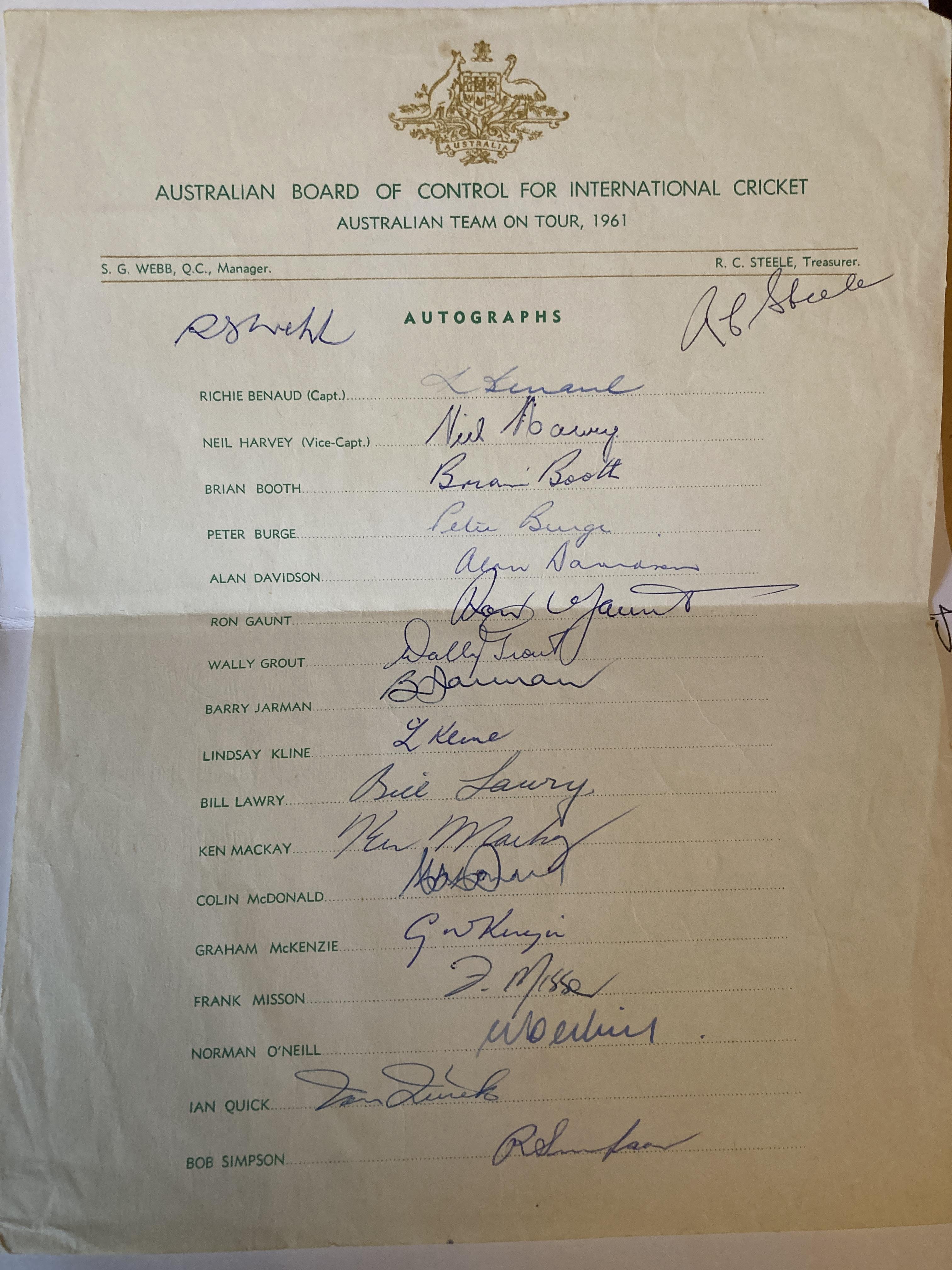 A cricket bat signed by the 1961 Australian Test team to include Richie Bernaud. - Image 5 of 5